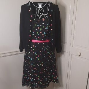 Colorful Polka Dot Dress with Black Cardigan